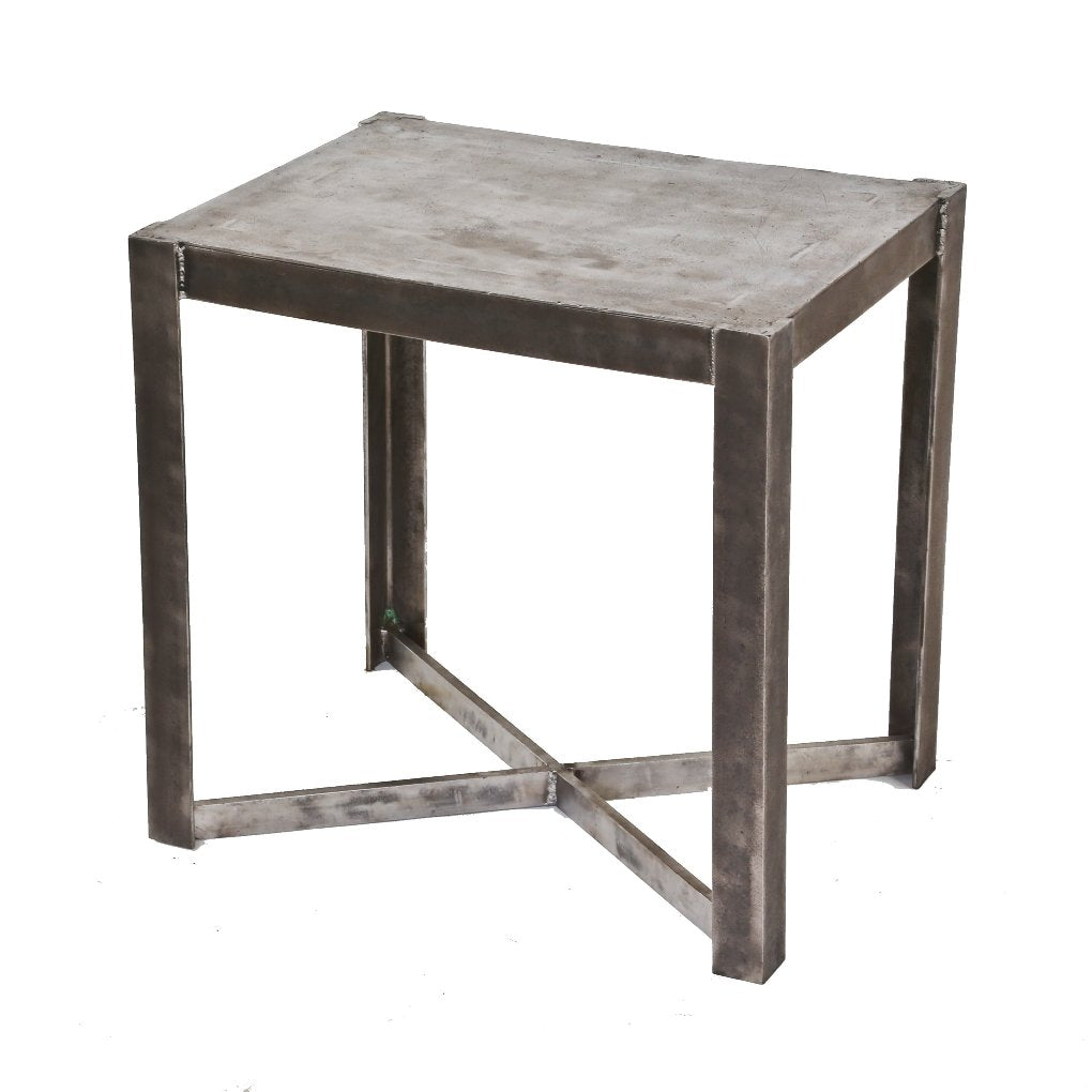 all-welded joint repurposed heavy gauge steel american industrial brushed metal coffee table with cross-bracing