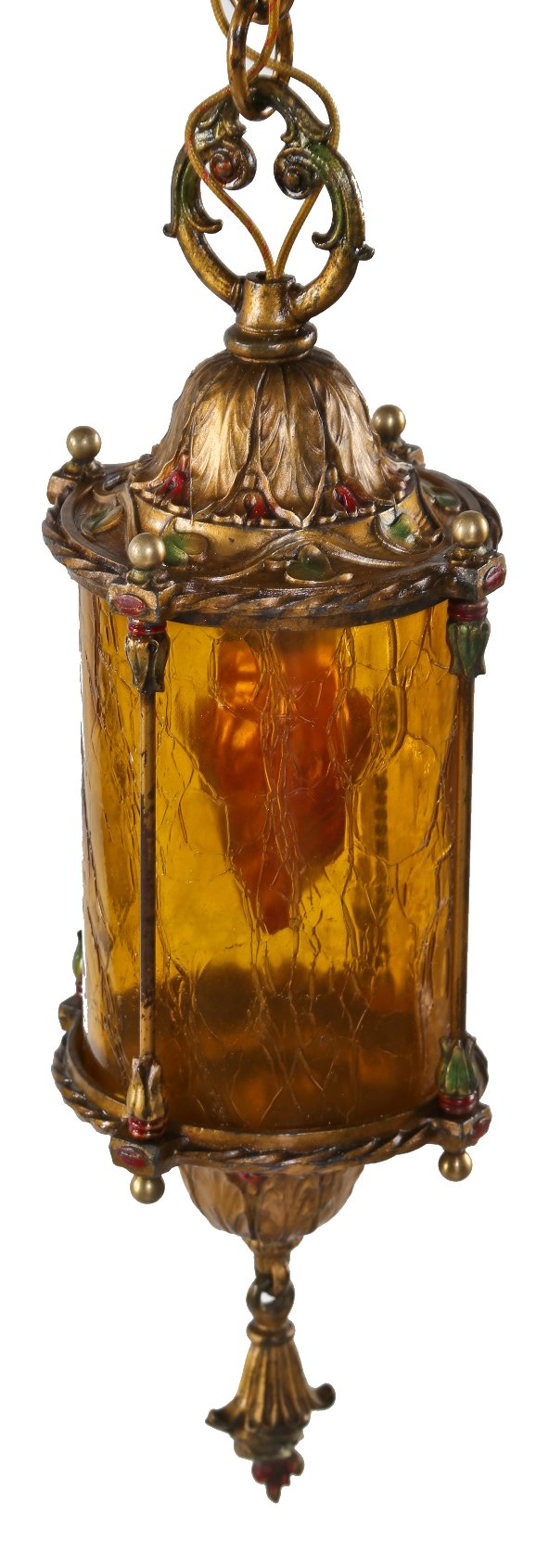 impressive late 1920's american antique spanish revival style interior residential hallway pendant light with original polychrome enameled finish