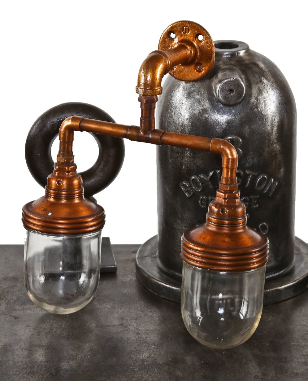 rare reconfigured c. 1920's american industrial benjamin "explosion proof" flush mount double arm wall sconce with copper fitters