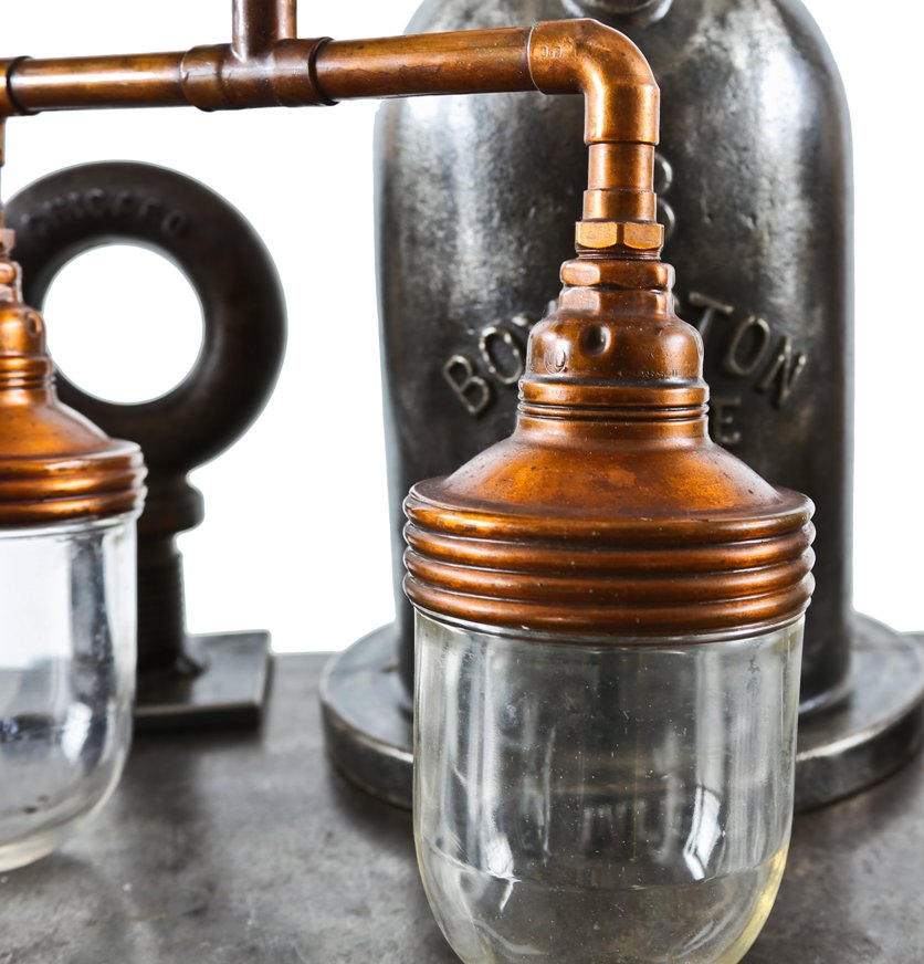 rare reconfigured c. 1920's american industrial benjamin "explosion proof" flush mount double arm wall sconce with copper fitters
