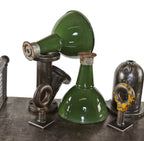 matching pair of unusual late 1920's american industrial uniquely shaped wrigley factory building green porcelain enameled flush mount pendant light