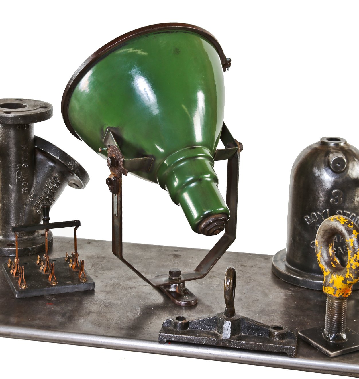 original and fully functional american industrial green porcelain enameled westinghouse exterior building spotlight with intact convex lens