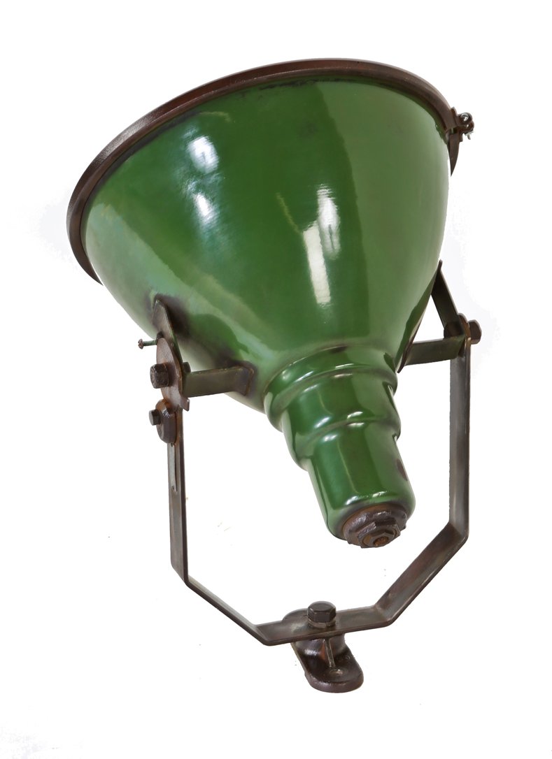 original and fully functional american industrial green porcelain enameled westinghouse exterior building spotlight with intact convex lens