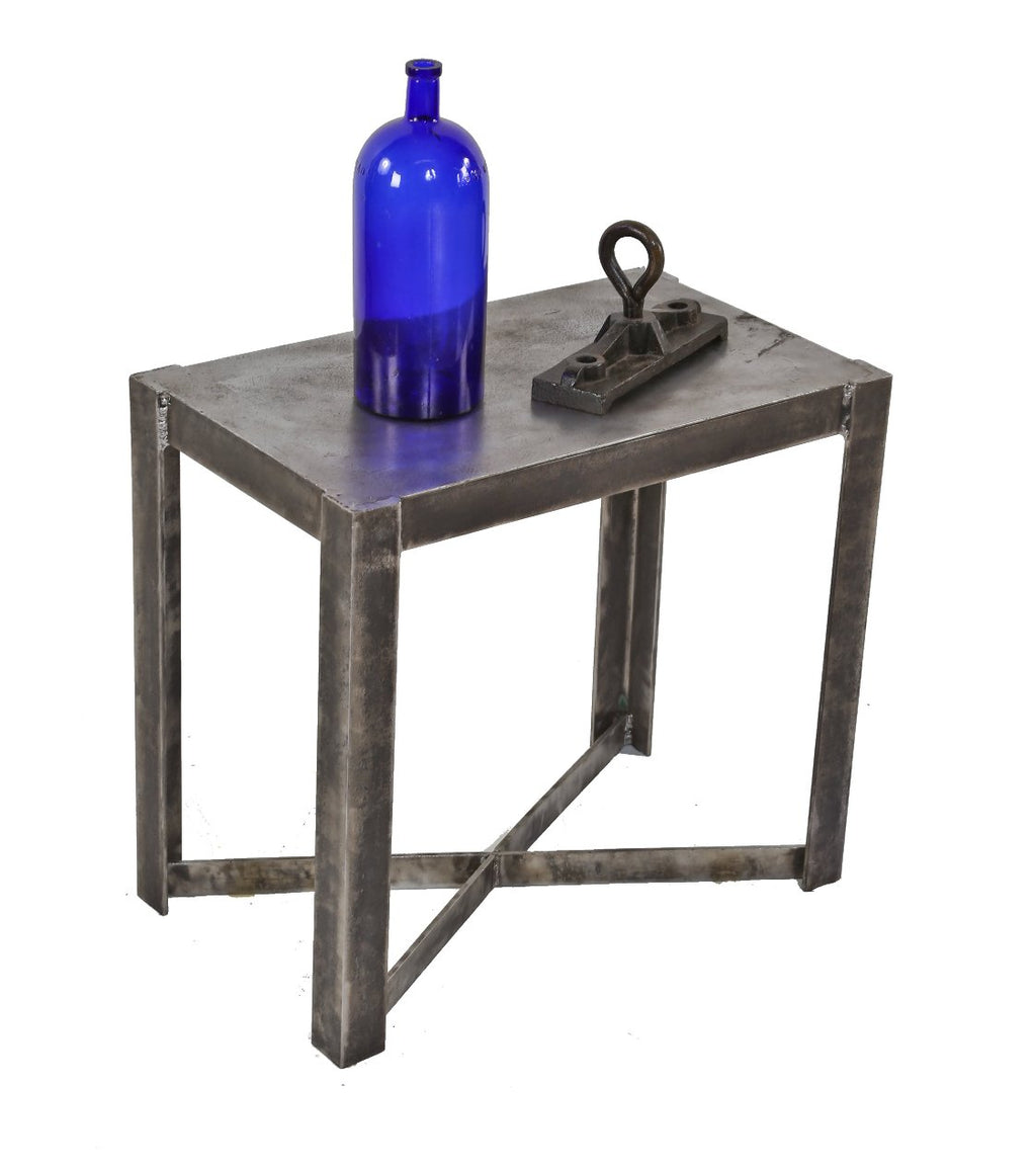 reconfigured c. 1940's all-welded joint heavy gauge four-legged angled steel coffee or side table with brushed metal finish