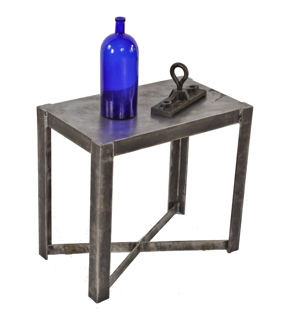 reconfigured c. 1940's all-welded joint heavy gauge four-legged angled steel coffee or side table with brushed metal finish