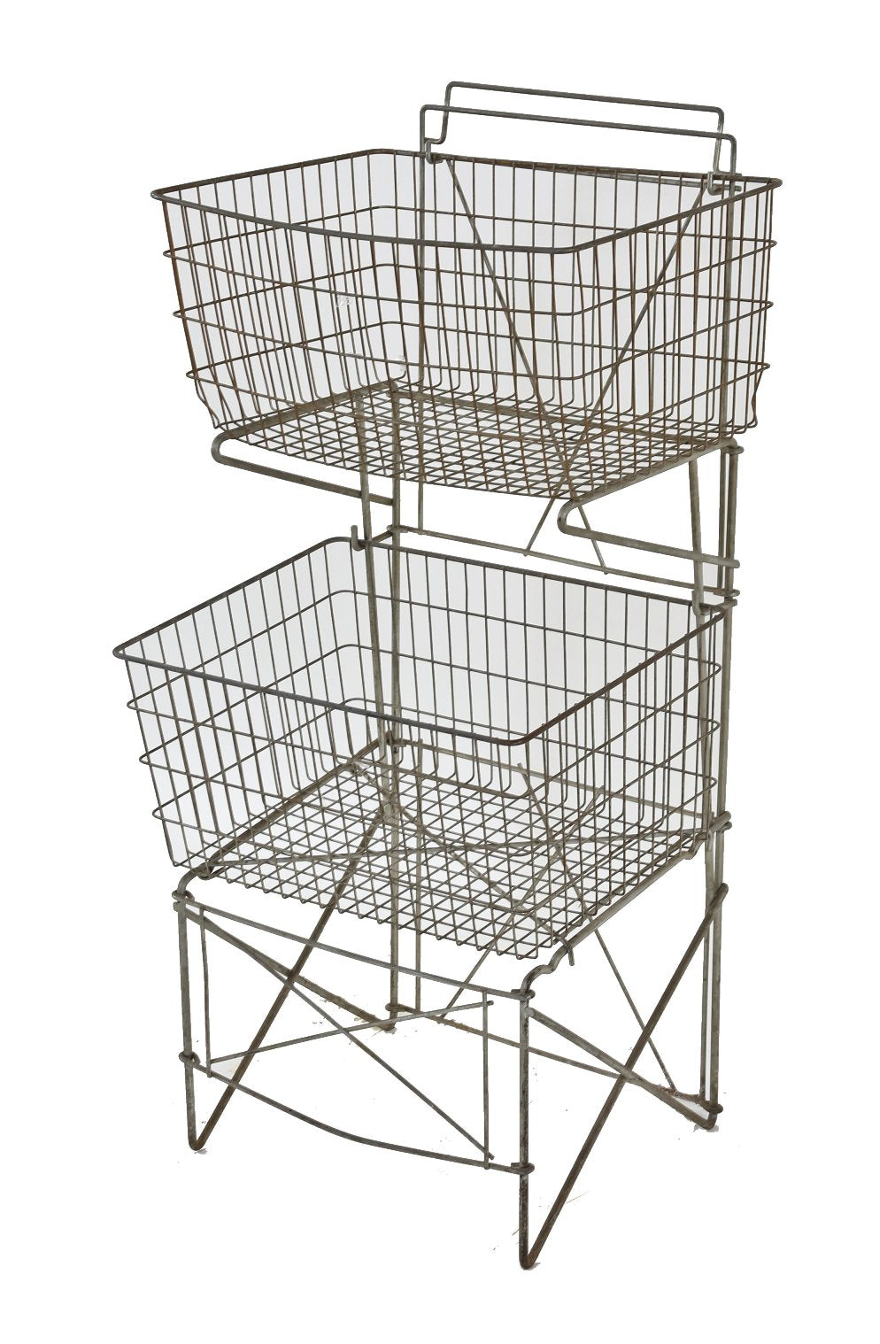 lightweight c. 1930's american depression era collapsible heavy gauge steel wire two tier chicago grocery store produce shelving unit with baskets