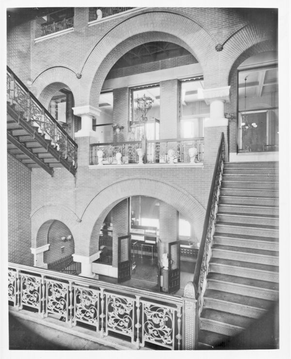 rare museum-quality original 19th century winslow brothers ornamental cast iron minneapolis public library staircase baluster with flanking stanchions