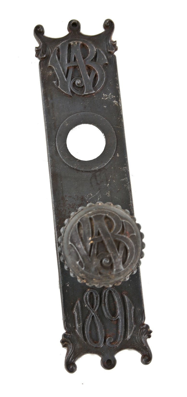 late 19th century original american antique interior wainwright commercial office building backplate with matching monogrammed doorknob