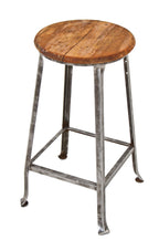 refinished c. 1930's american antique industrial four-legged angled steel factory machine shop stationary stool with maple wood seat