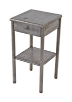 highly desirable late 1930's american industrial "fireproof" interior hotel room pressed and folded steel side table with single drawer and undershelf