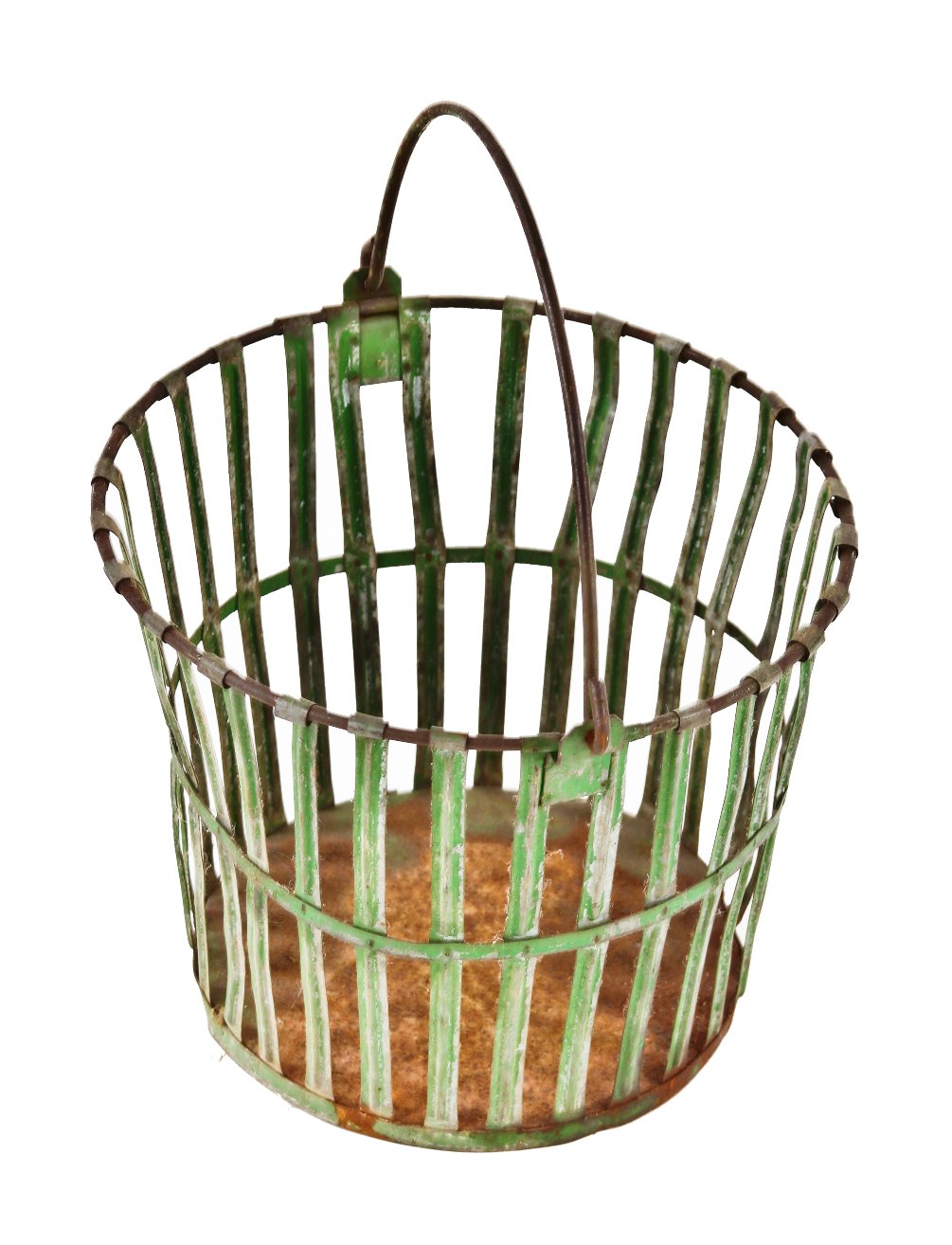 nicely configured all original early 20th century painted galvanized steel apple basket with riveted joints are great weathered green paint finish