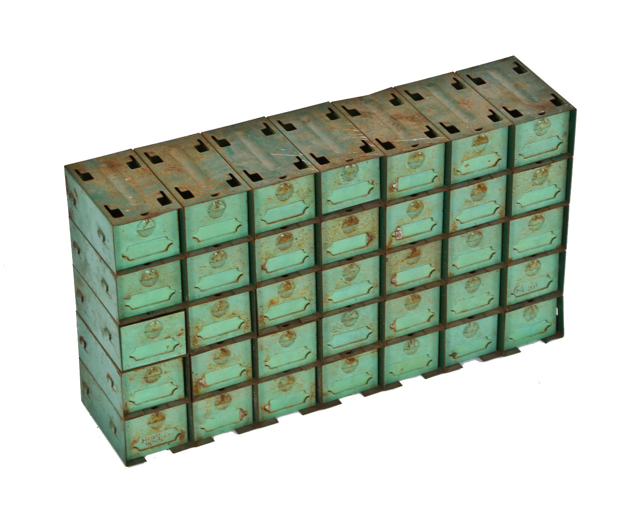 factory green painted pressed and folded american industrial stackable workbench steel drawers with label holders and finger pulls