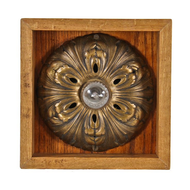 visually striking c. 1920 chicago noel bank interior flush mount ornamental cast bronze single electric light fixture with highly detailed leafage