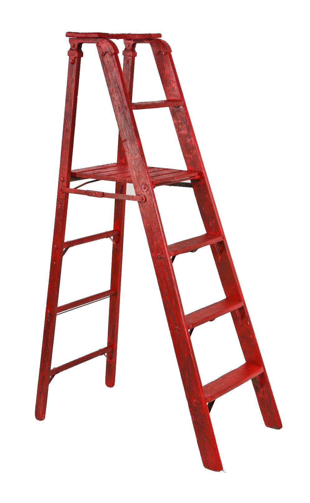 attractive and original distressed red painted c. early 20th century american industrial pine wood folding a-frame ladder with reinforced rungs or steps