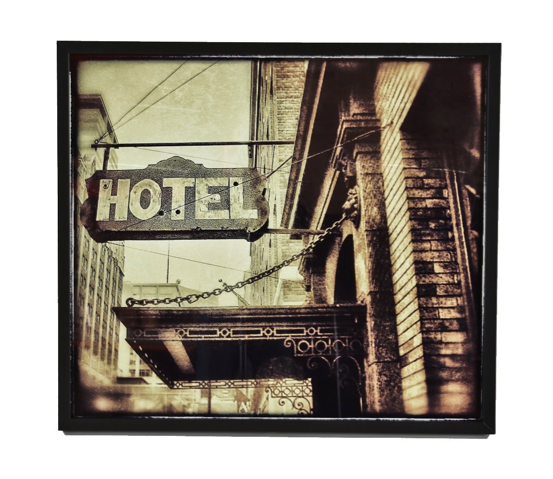 signed limited edition large format digital print entitled "hotel" with black enameled custom-built wood frame with clear plate glass