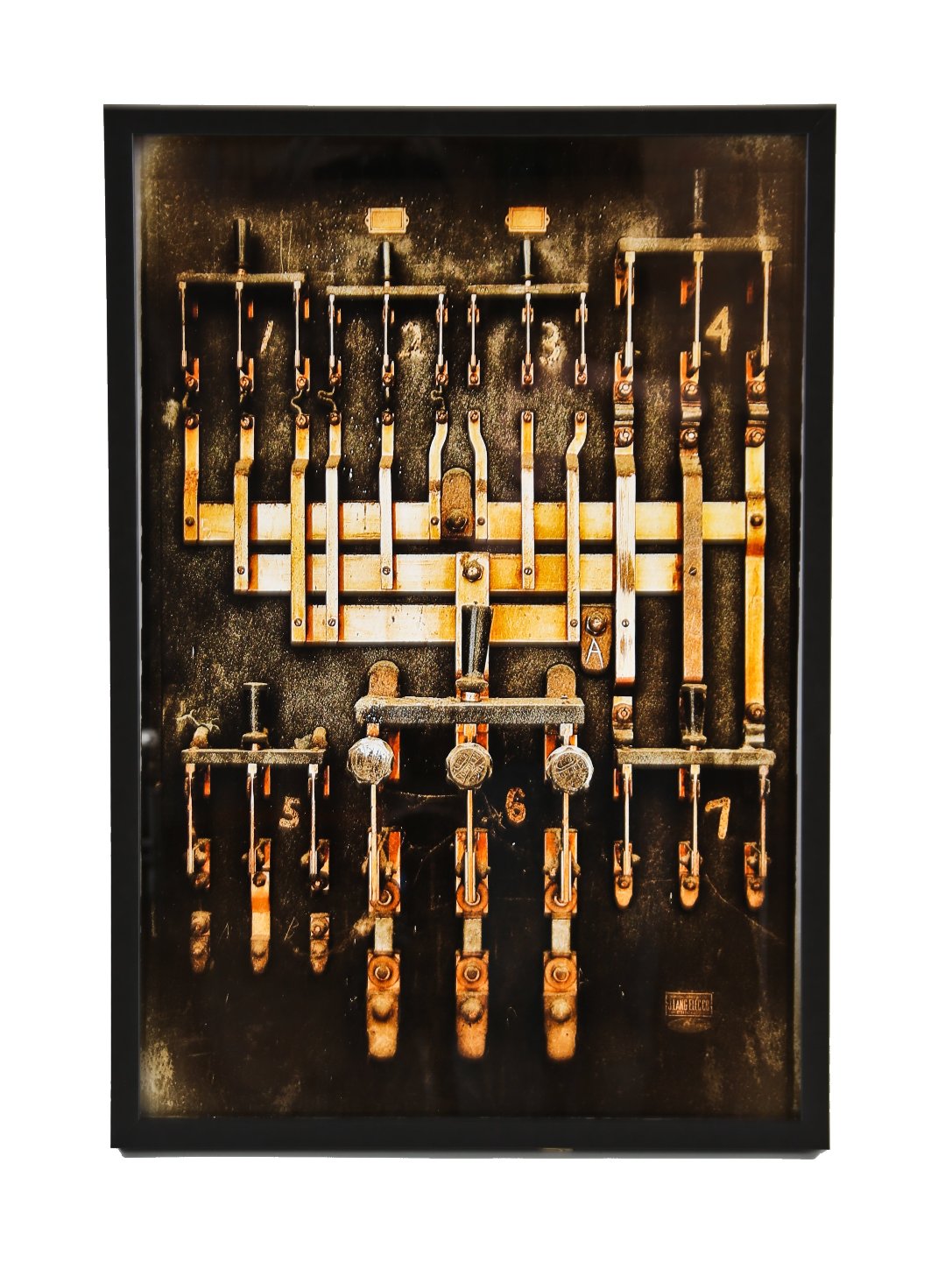limited edition large format digital print entitled "switchboard" with black enameled custom-built wood frame with clear plate glass
