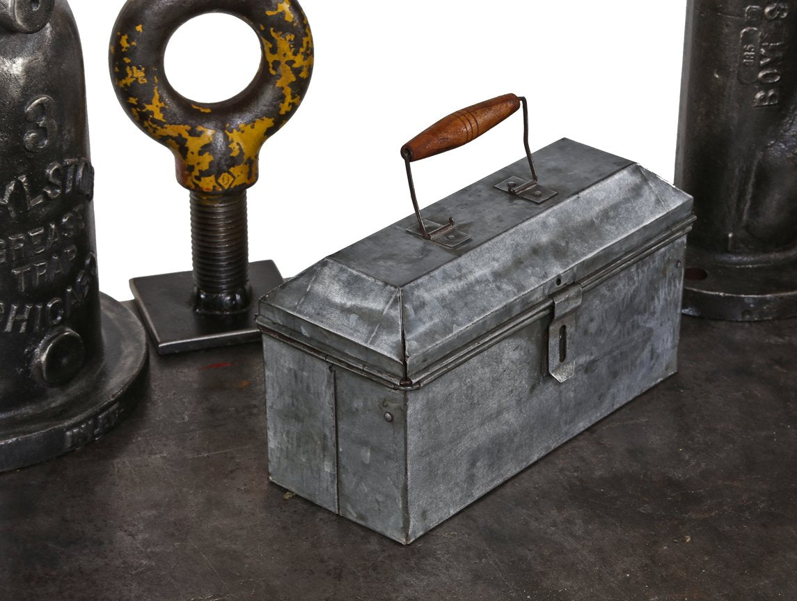 odd miniature c. 1920's folded and pressed galvanized steel sign maker's tool chest with intact turned wood handle