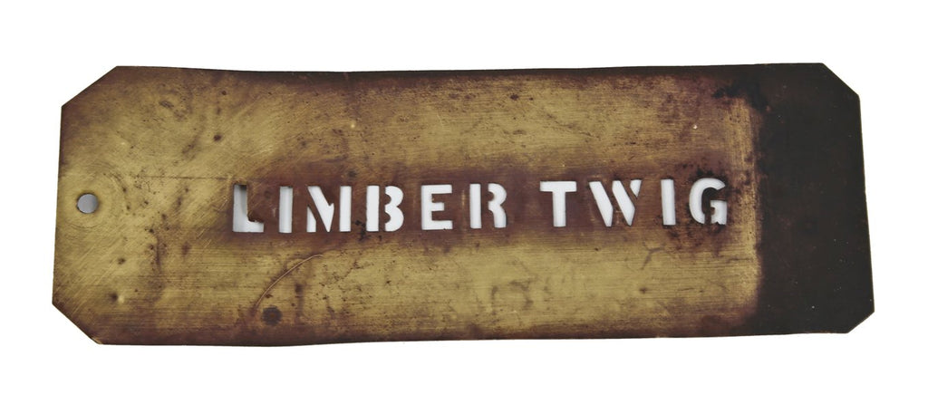 original american industrial single-sided "limber twig" apple brand wrought brass metal stencil template from a chicago sign shop