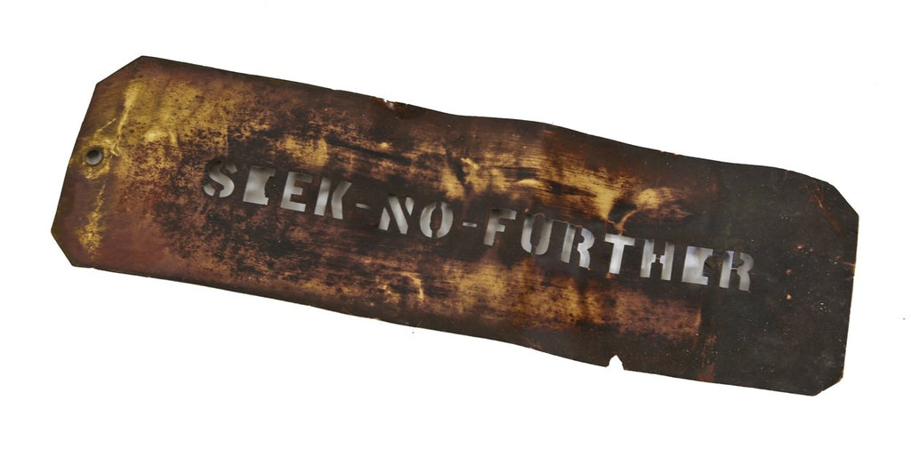 original nicely worn early 20th century american antique industrial "seek-no-further" thin yellow brass stencil template plate