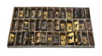 hard to find all original large lot of turn of the century american industrial interlocking wrought yellow brass sign making stencil letters with original case