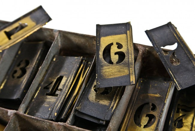 hard to find all original large lot of turn of the century american industrial interlocking wrought yellow brass sign making stencil letters with original case