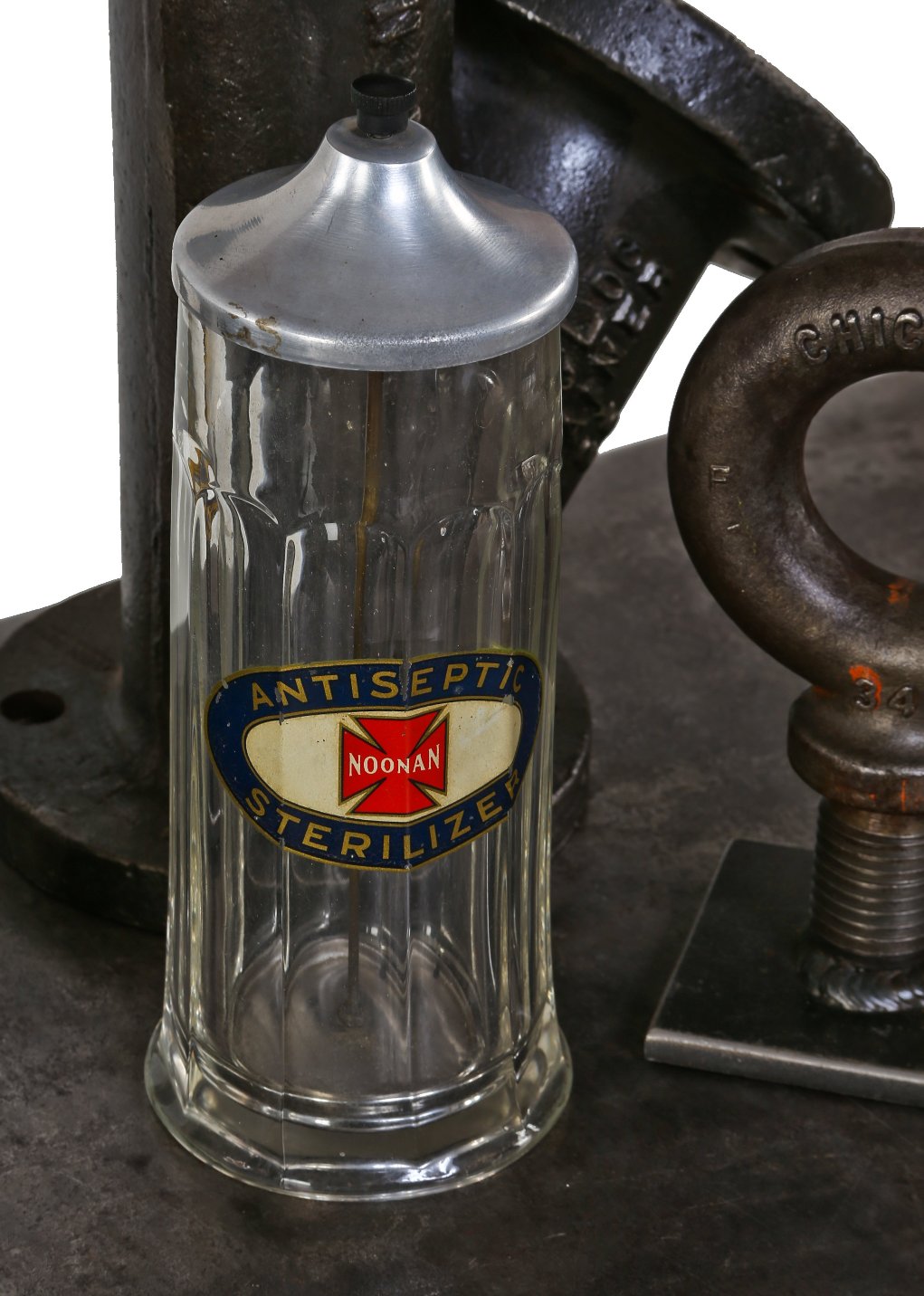 original and intact american depression era molded or pressed glass barbershop sterilizer comb jar with polished chrome plated lid