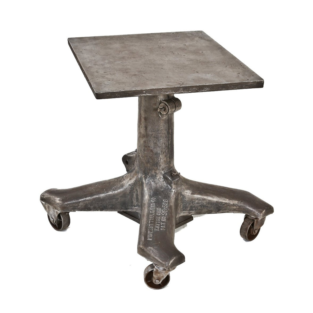 robust c. 1930's american antique industrial adjustable height mobile oscar a. koogler-designed factory die cart with bassick casters
