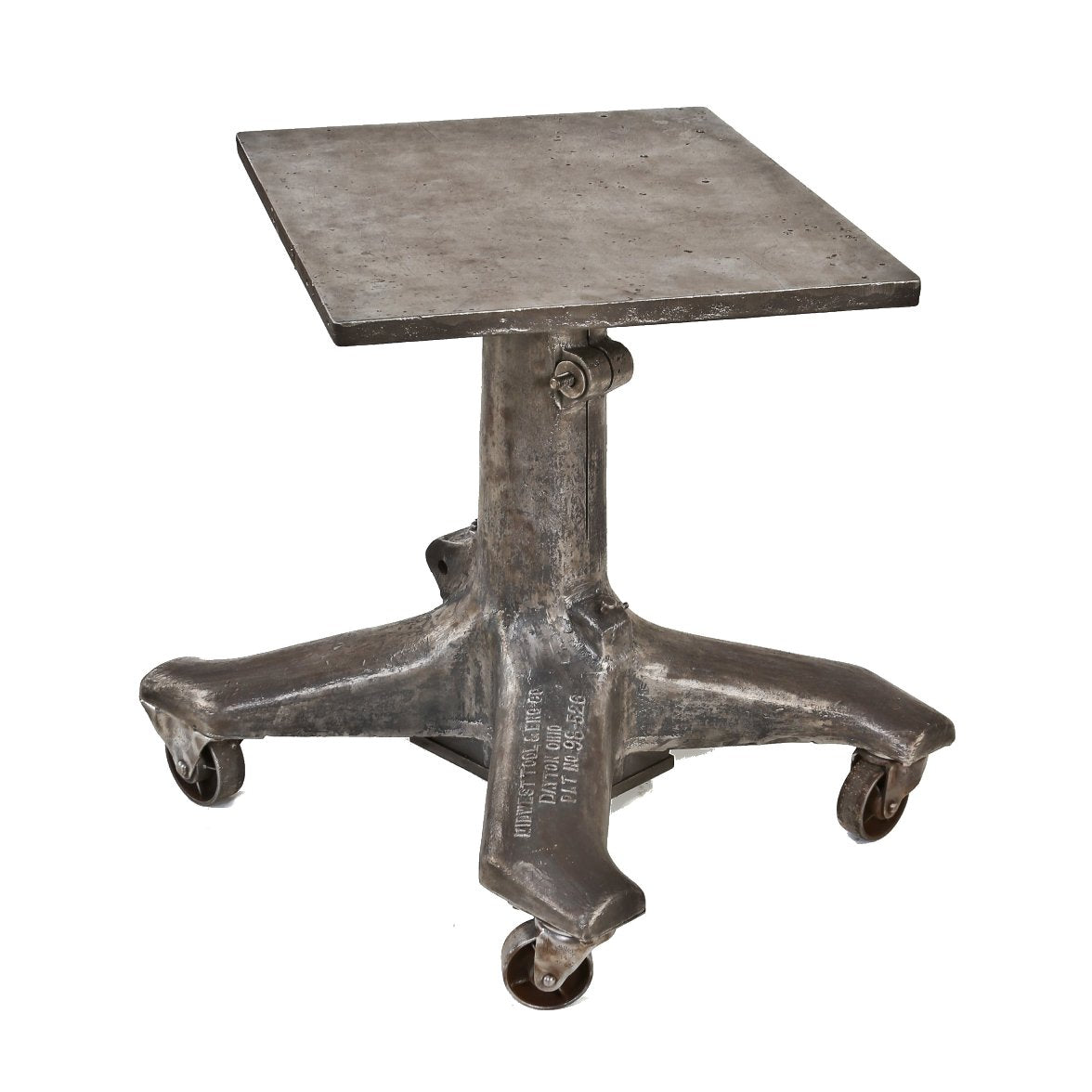 robust c. 1930's american antique industrial adjustable height mobile oscar a. koogler-designed factory die cart with bassick casters