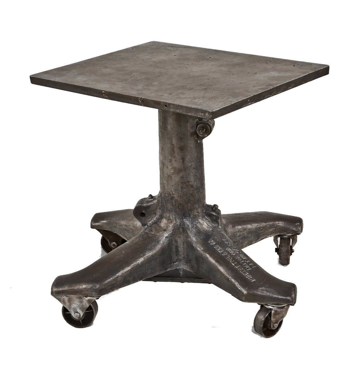 depression era american antique industrial adjustable height mobile oscar a. koogler-designed factory die cart with heavy duty butcher block wood top
