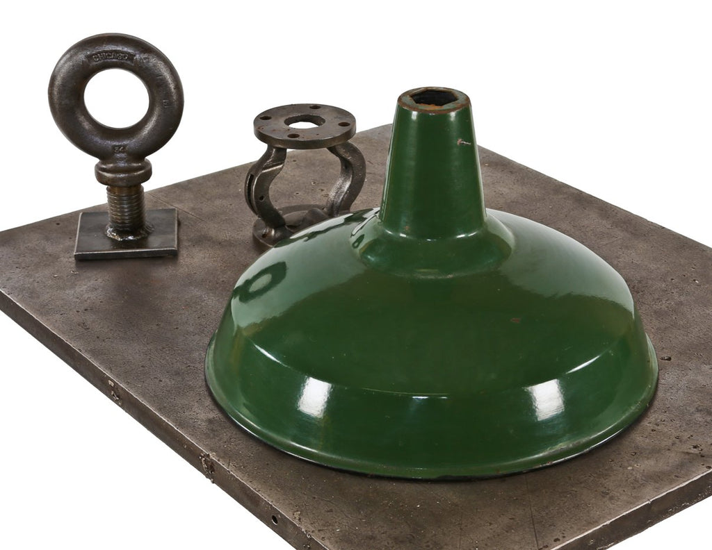 c. 1930's original oversized clean single green porcelain enameled cold-rolled steel replacement factory pendant reflector