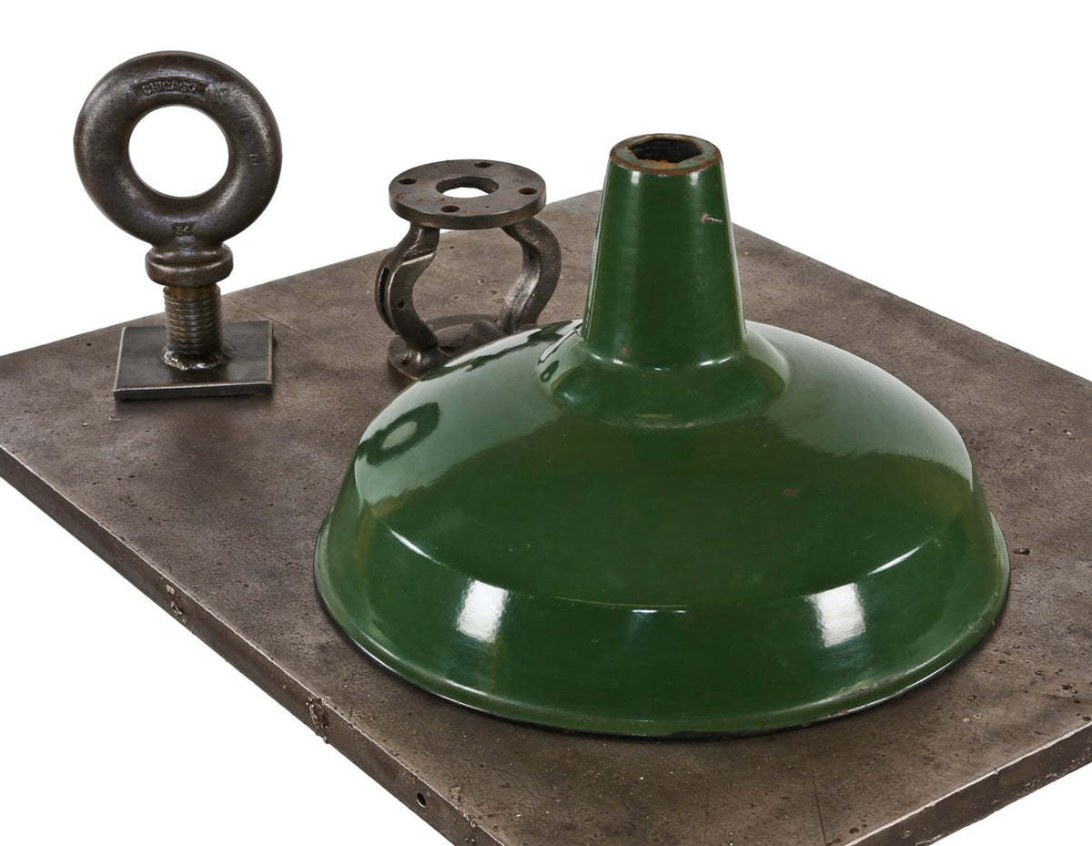 c. 1930's original oversized clean single green porcelain enameled cold-rolled steel replacement factory pendant reflector
