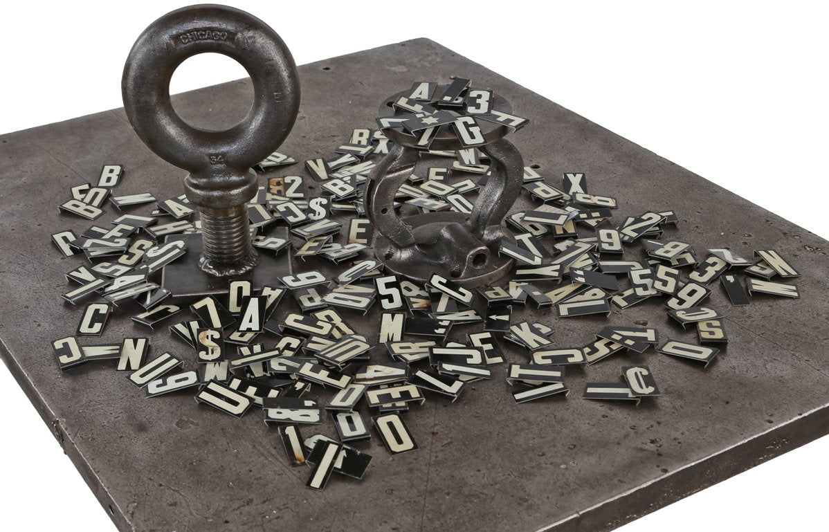 assorted american late 1930's diminutive enameled stamped steel "unitype" bulletin board letters and numbers