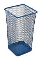 c. 1930's bright blue enameled american industrial steel mesh factory office waste can reinforced with solid bottom and rolled rim