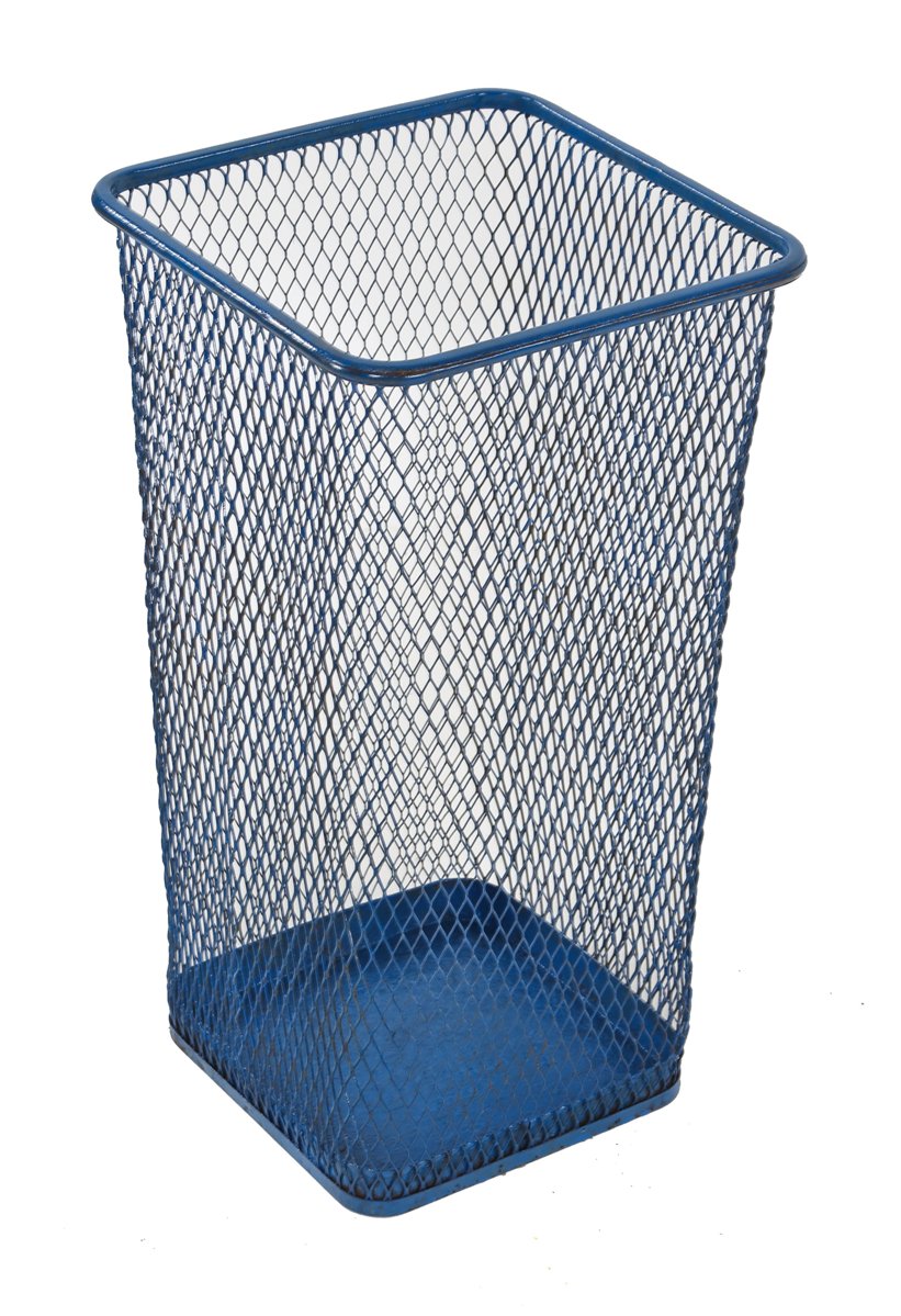 c. 1930's bright blue enameled american industrial steel mesh factory office waste can reinforced with solid bottom and rolled rim