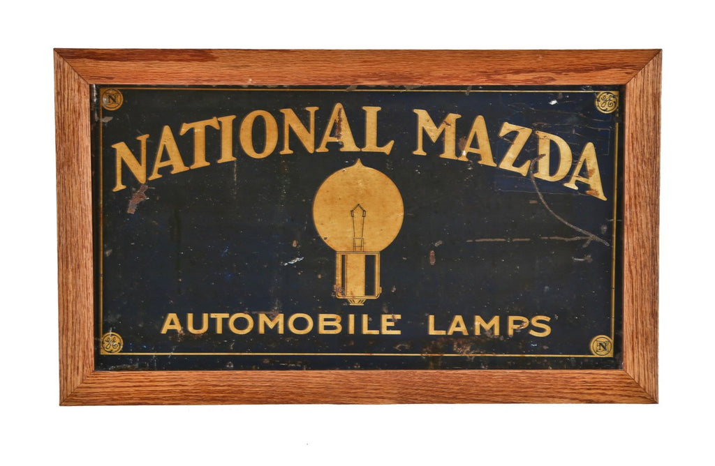 original c. 1930's american industrial blue lithographed tin "national mazda" automobile lamp advertising sign