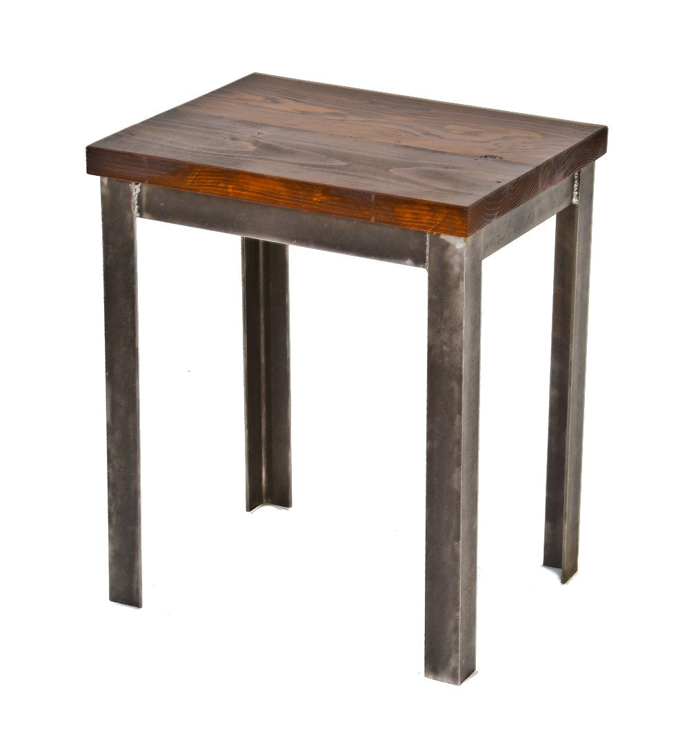 sound and stable c. 1940's american industrial all-welded joint four-legged side table with newly added stained pine wood top