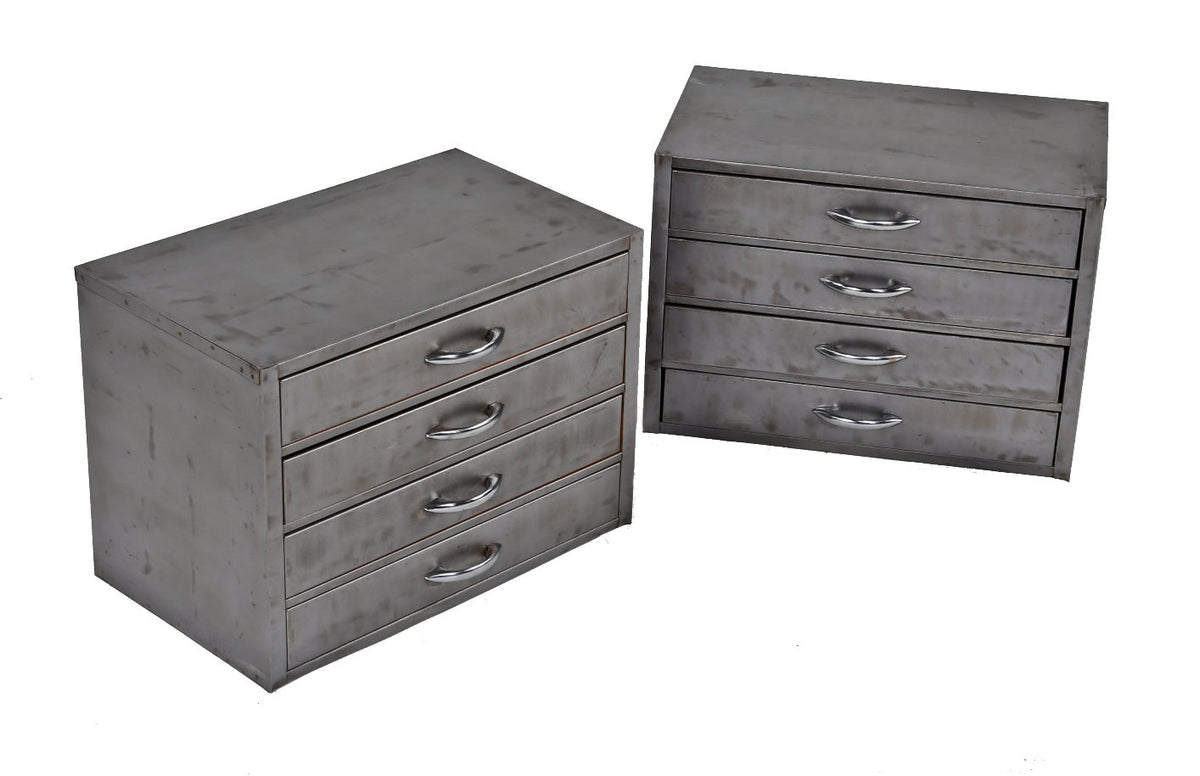 set of of original american industrial heavily compartmentalized brushed metal "small parts" cabinets with intact chrome handles