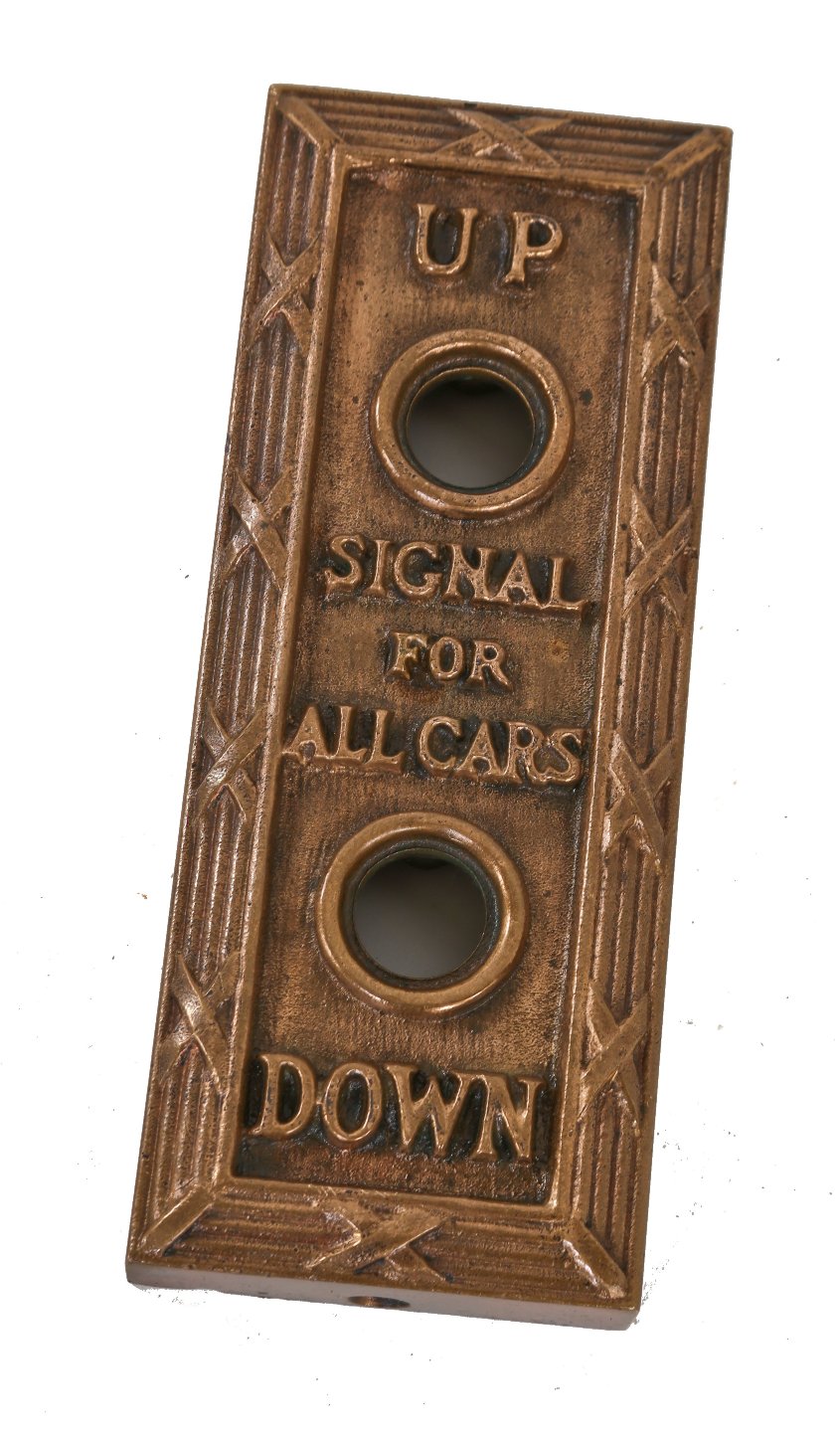 original early 20th century ornamental cast bronze jarvis hunt-designed commercial building lobby elevator car call button backplate