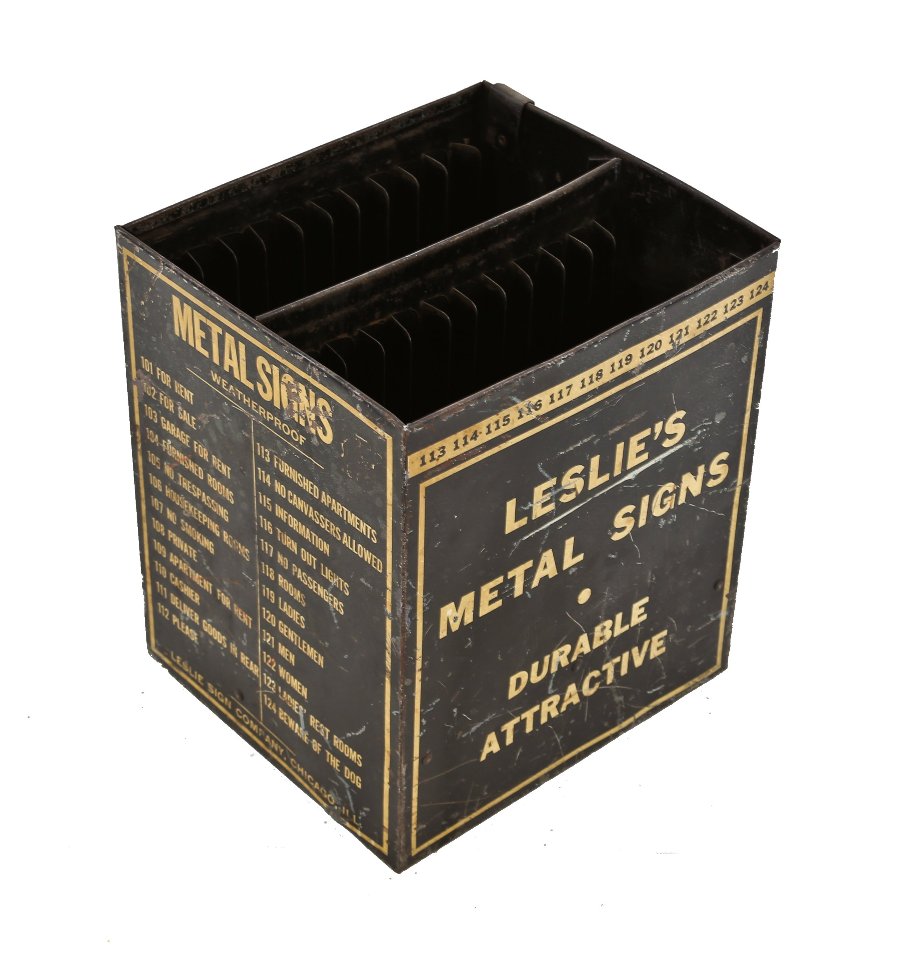 1920's all original and largely intact american industrial pressed and folded steel leslie sign storage cabinet or container