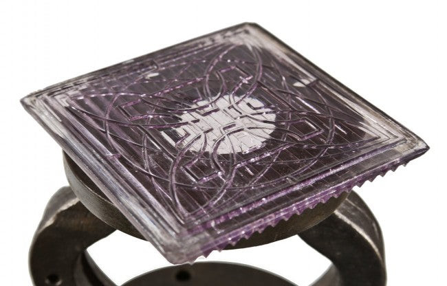 elegantly designed original c. 1900's exterior building facade "geometric flower" pattern luxfer prism glass tile with purple hue