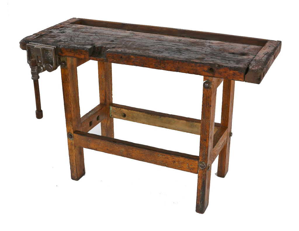 early 20th century american industrial weathered and worn oak wood stationary four-legged shop workbench with rapid acting vise
