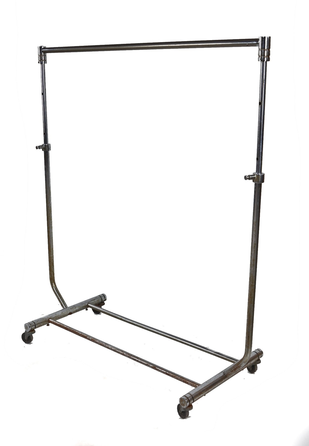 c. 1930's american machine age chrome-plated steel rolling garment or clothing rack with original swivel bassick casters