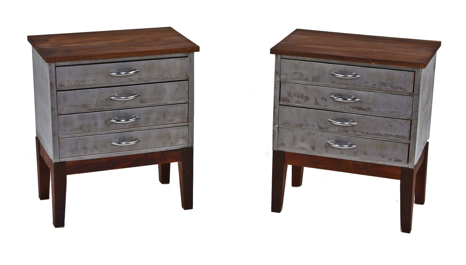 two matching repurposed american vintage industrial brushed metal and walnut wood side tables or nightstands with drawers