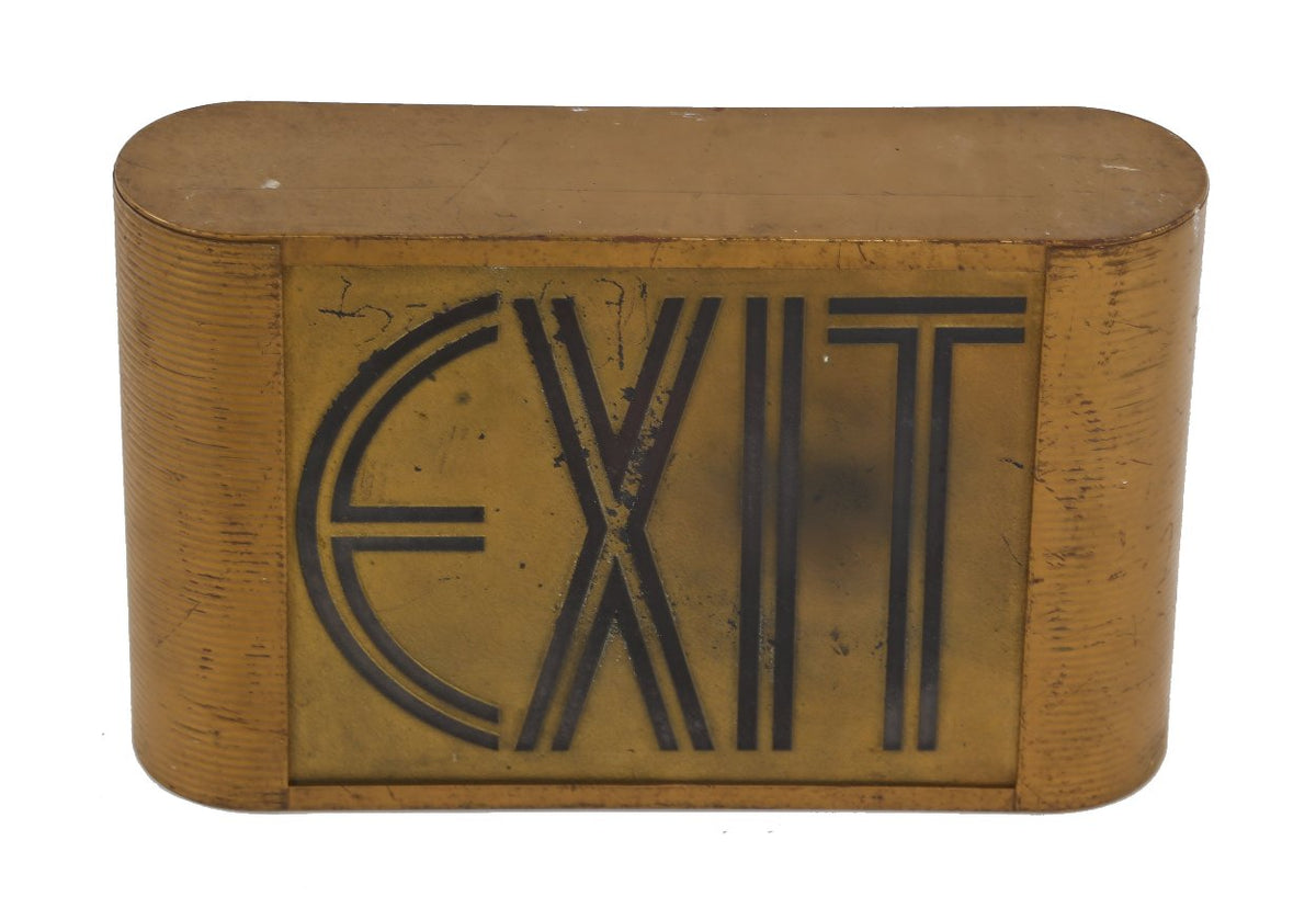 rare and all original c. 1930's american art deco style machine age illuminated theater auditorium exit can light with etched glass panel