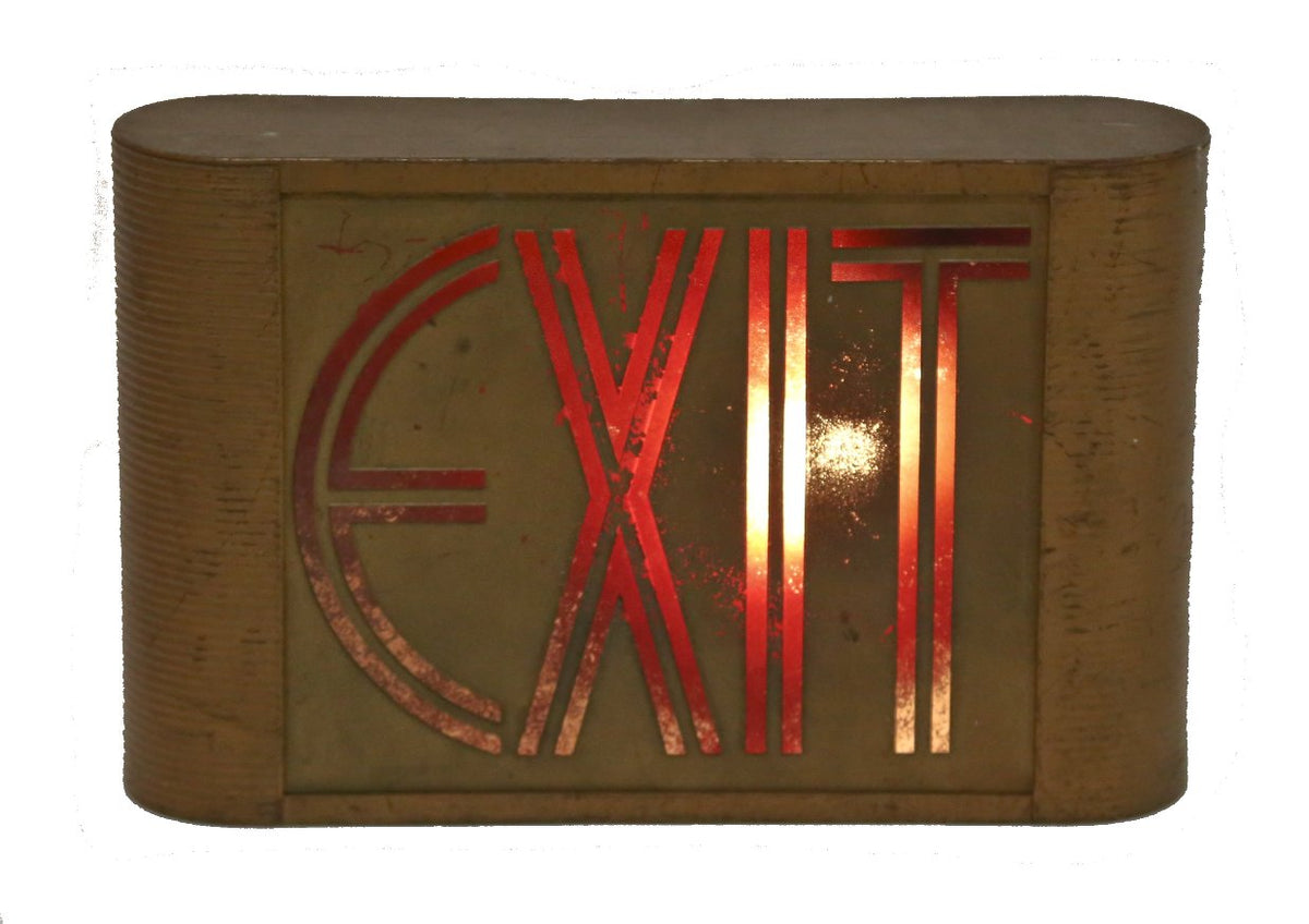 rare and all original c. 1930's american art deco style machine age illuminated theater auditorium exit can light with etched glass panel