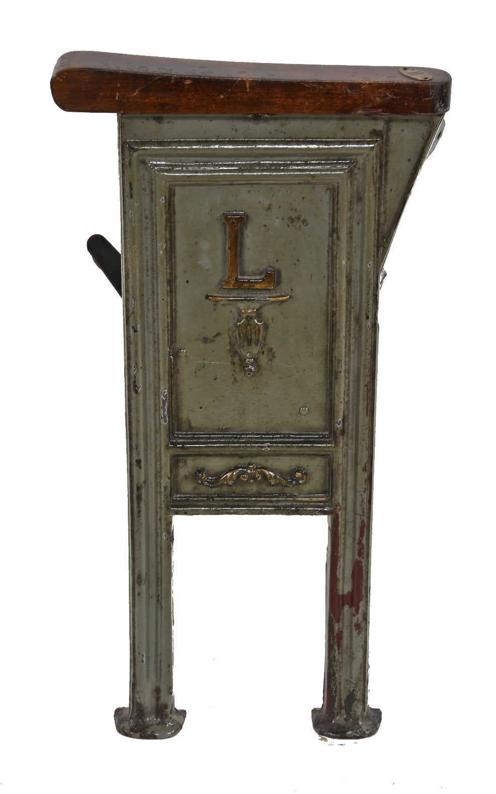 c. 1927 original interior single-sided freestanding enameled cast iron lawndale theater seat end with intact birch wood armrest
