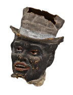 very unique and unusual antique american 19th century hand-applied folk art polychrome enameled papier-mache mask of depicting an african american with top hat