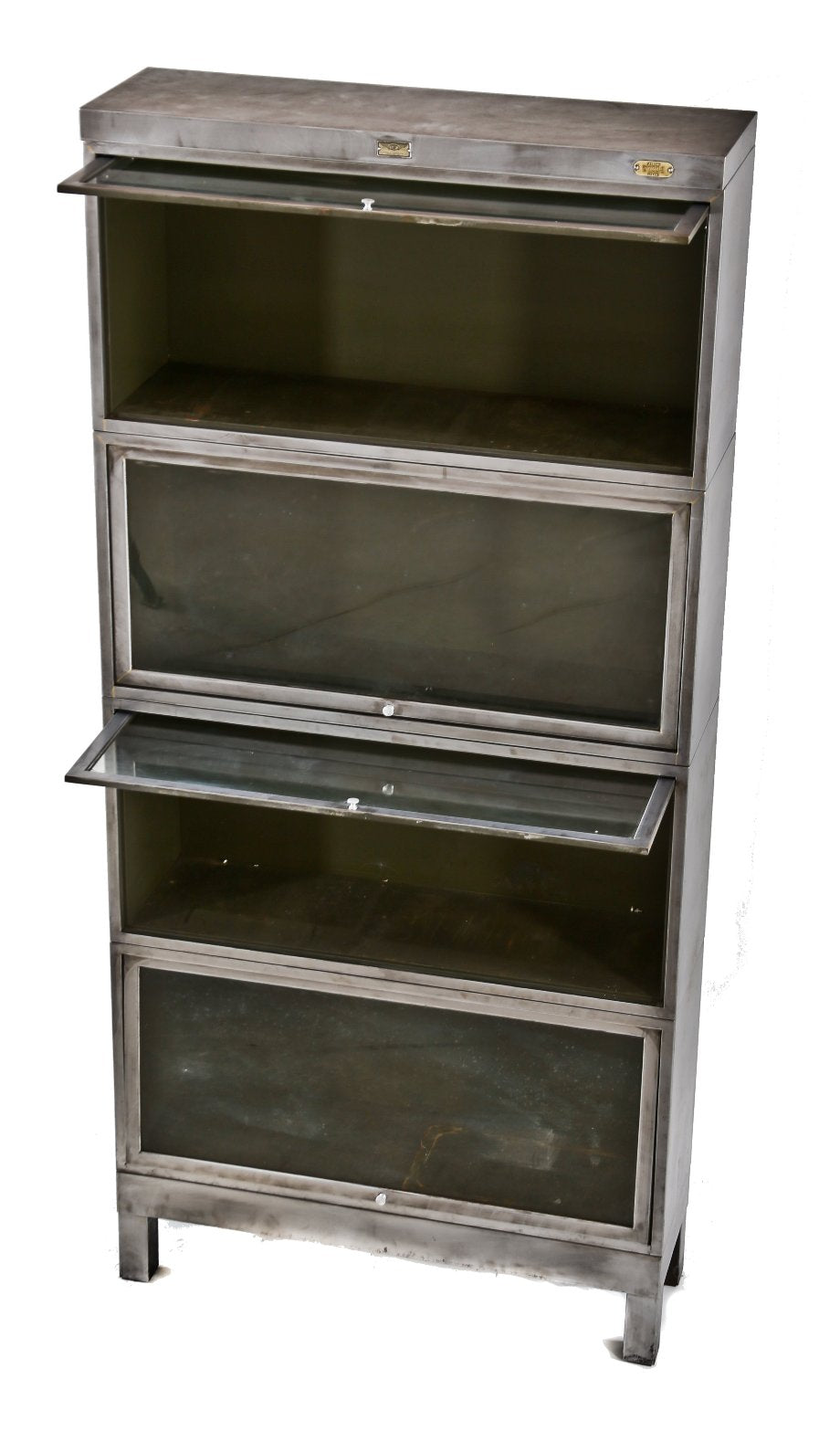 original late 1930's american industrial kelsey-hayes factory office all-metal barrister stackable bookcase with brushed steel finish