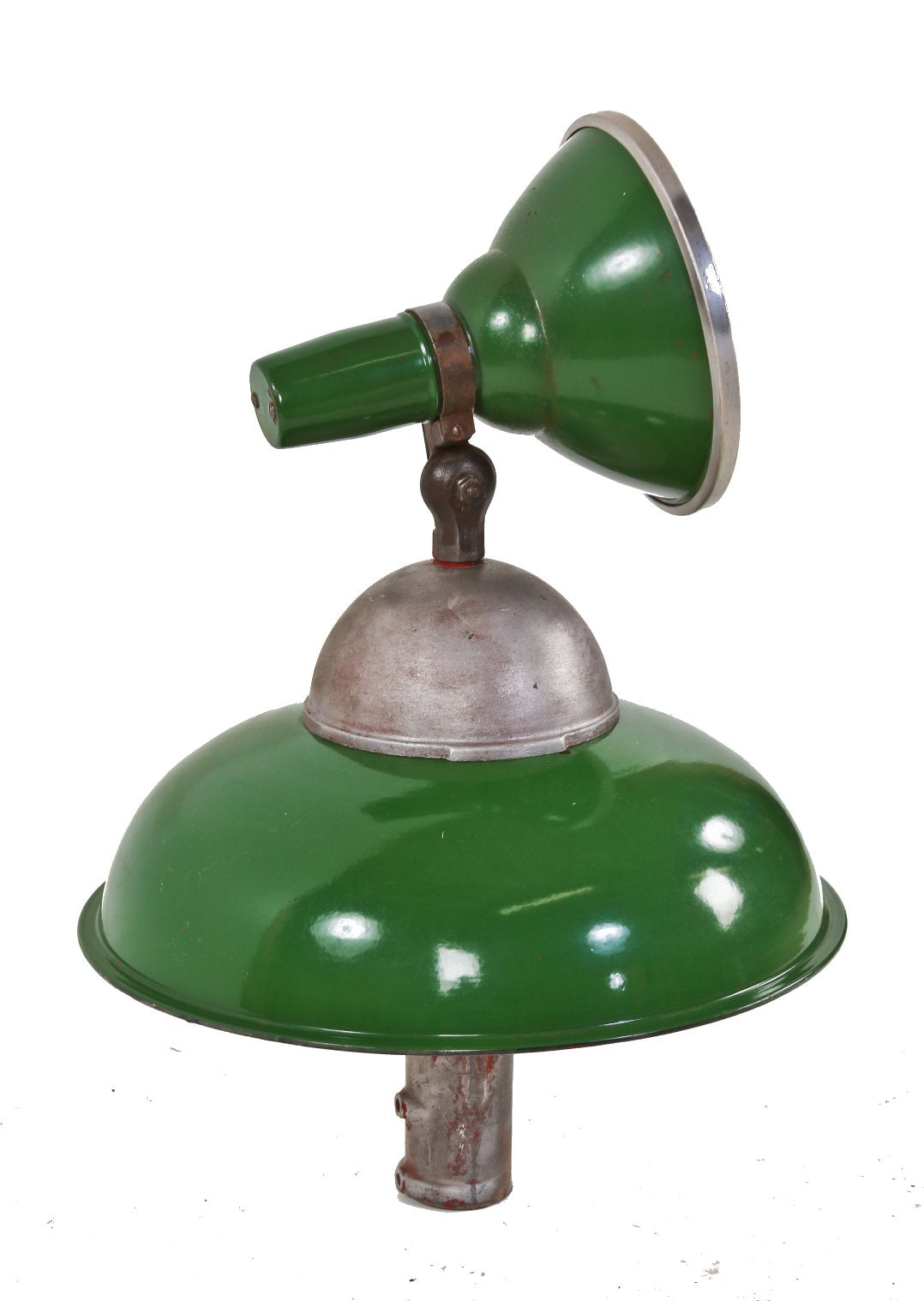 unusual late 1930's american industrial green porcelain enameled service station island light with adjustable floodlight