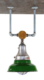 reconfigured c. 1930's american antique industrial heavy duty "explosion proof" green porcelain enameled pendant light with bronze appleton "unilet"